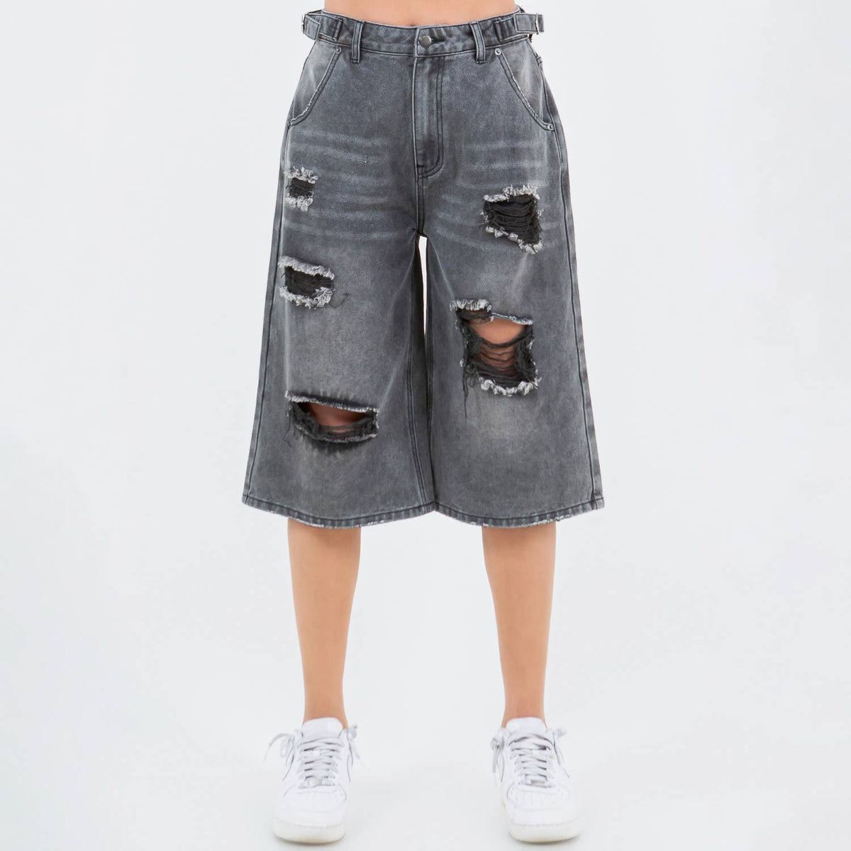 WAIST TRIM DISTRESSED WIDE LEG JORTS-RSS21142