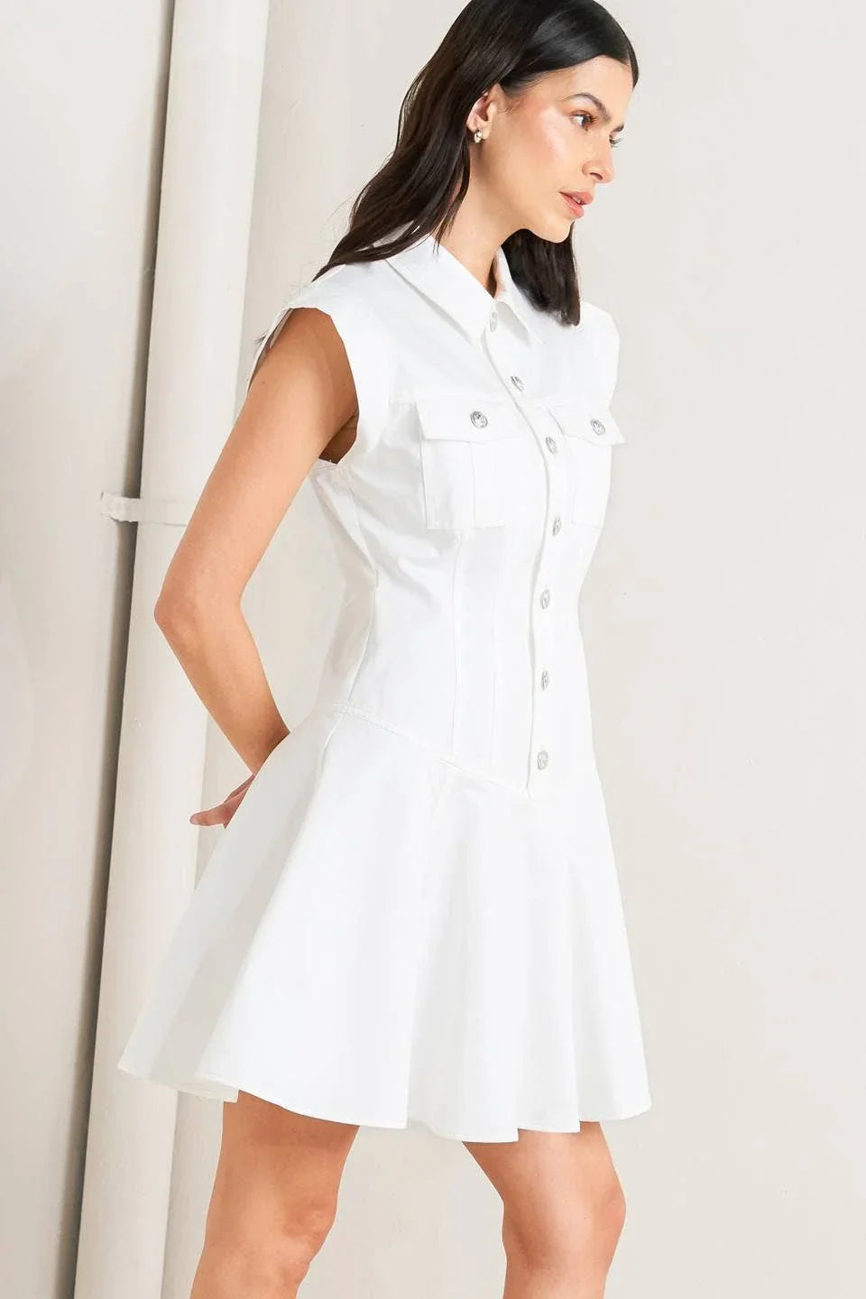 White Cotton Mini Dress – Button-Down Circle Skirt Dress