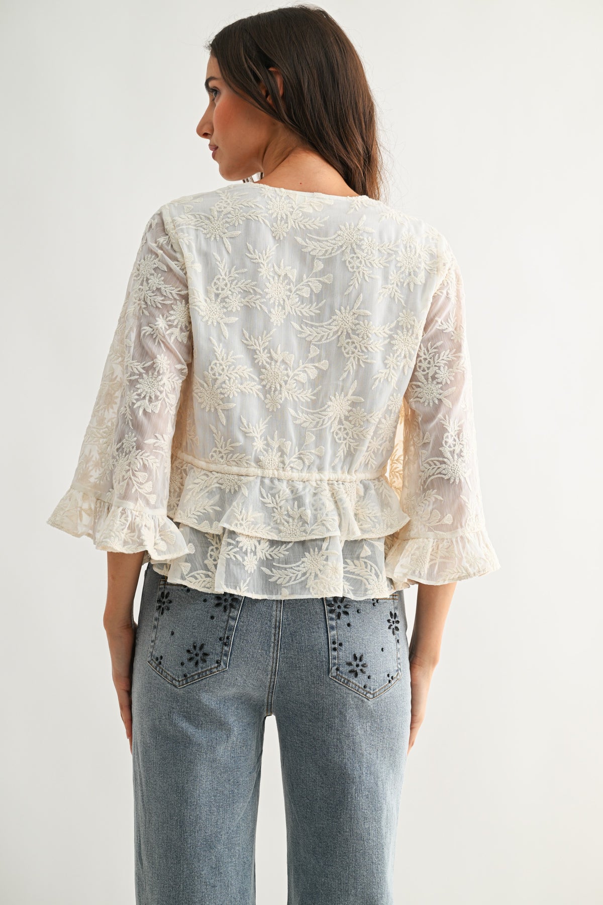 Boho Embroidered Sheer Blouse Flowy Bell Sleeves