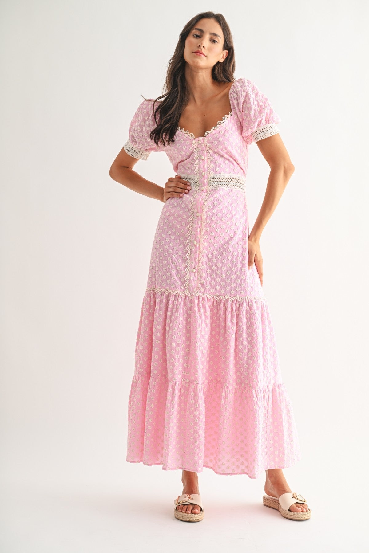 Pink Lace-trimmed Maxi Dress