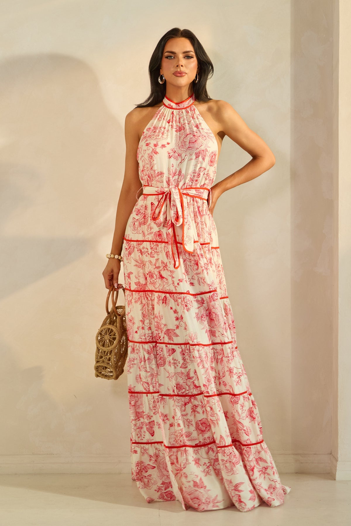 Floral Halter Neck Maxi Tiered Dress