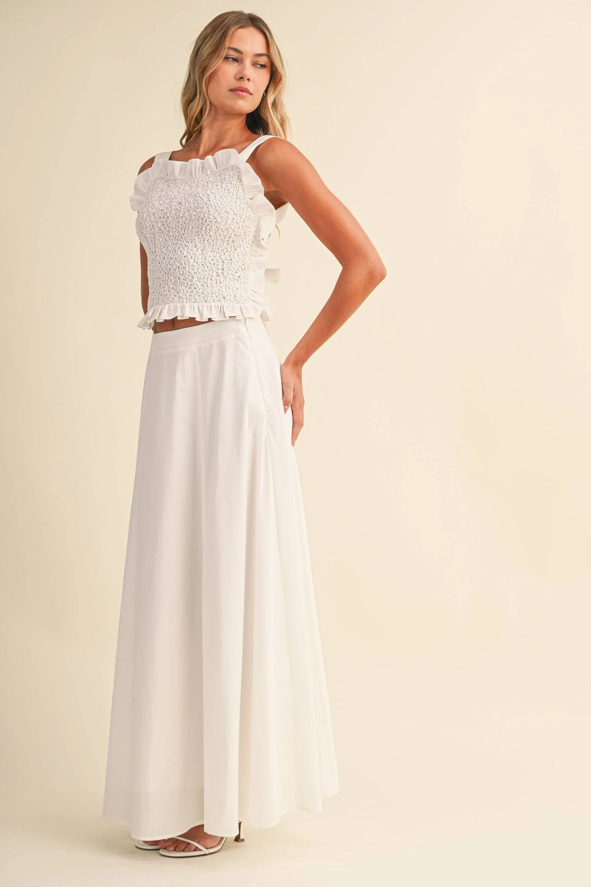 SMOCKING BACK TIED TOP AND A LINE MAXI SKIRT SET