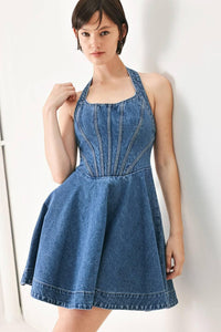 Washed Denim Halter Mini Dress