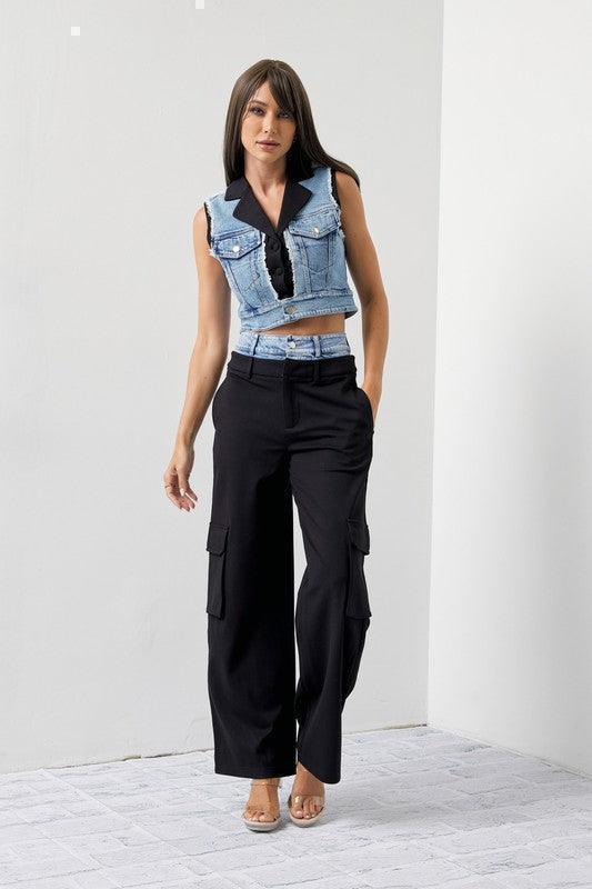 DENIM VEST WITH CARGO PANT TWO TONE SET PRIVILEGE