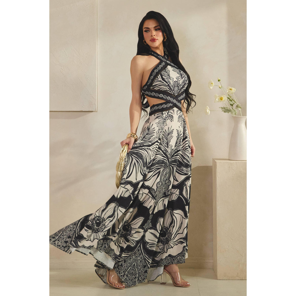 HALTER MAXI DRESS WITH UNEVEN HEM