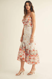 Eyelet Detailed Floral Border Print Midi Dress