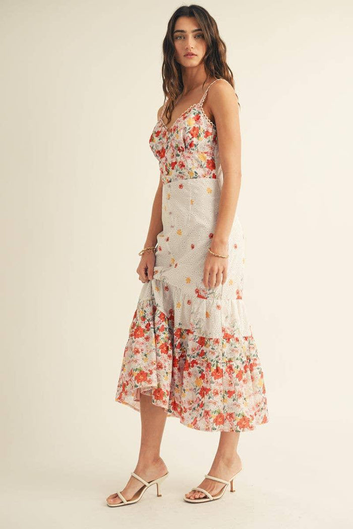Eyelet Detailed Floral Border Print Midi Dress