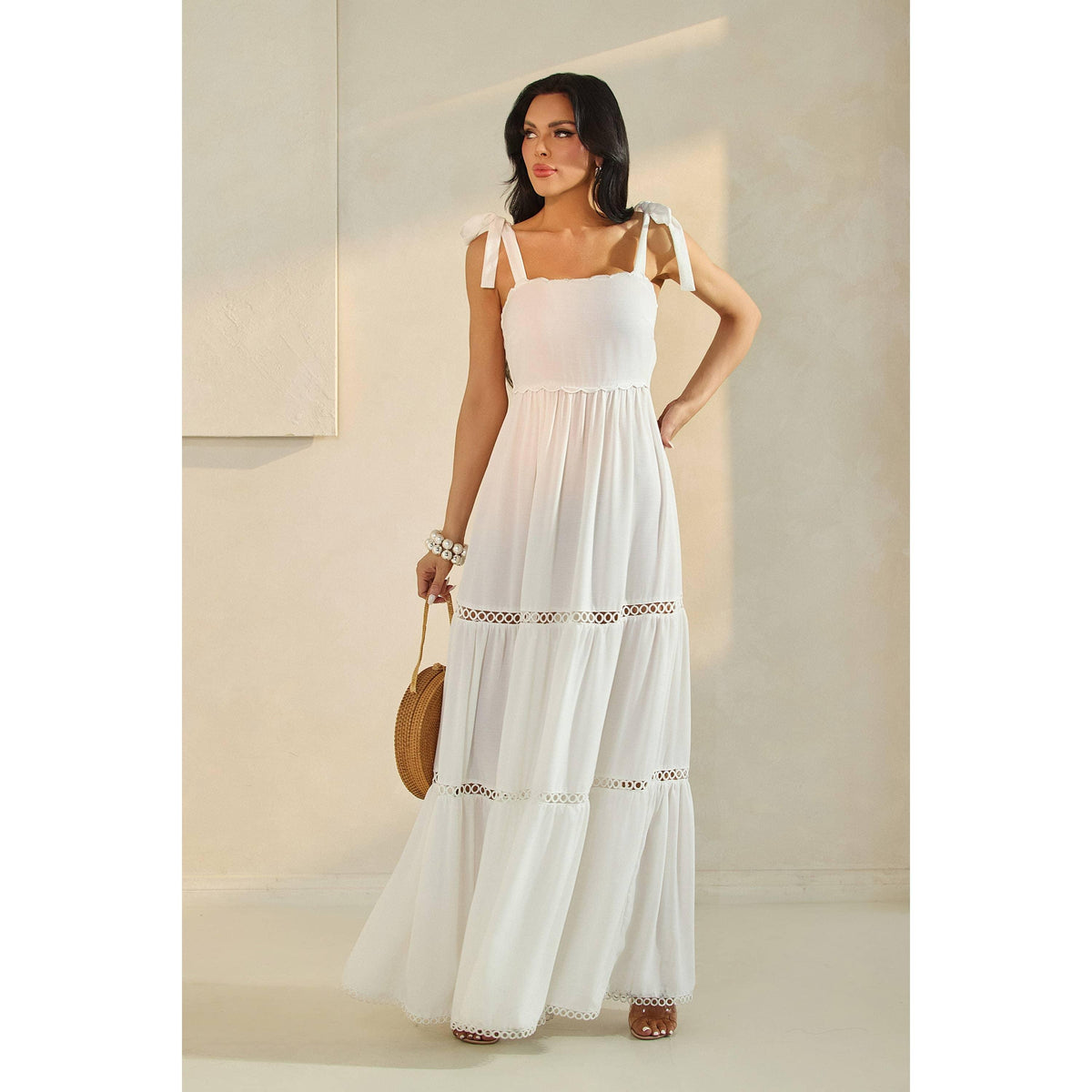 SHOULDER TIE SCALLOP MAXI DRESS