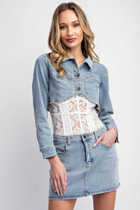 2PC MINI CROP STRETCH DENIM JACKET AND MINI SKIRTSET - PRIVILEGE 