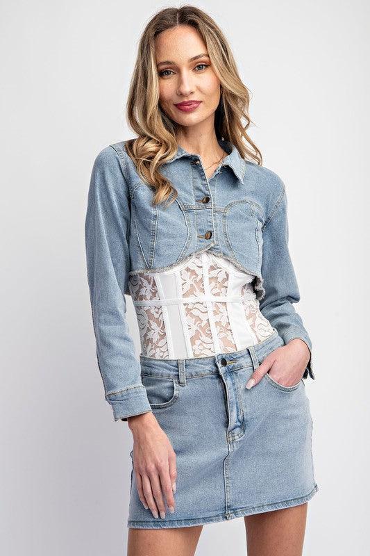 2PC MINI CROP STRETCH DENIM JACKET AND MINI SKIRTSET - PRIVILEGE 
