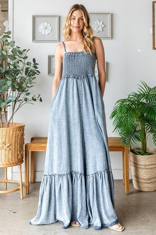 WASHED DENIM WIDE LEG ROMPER PRIVILEGE