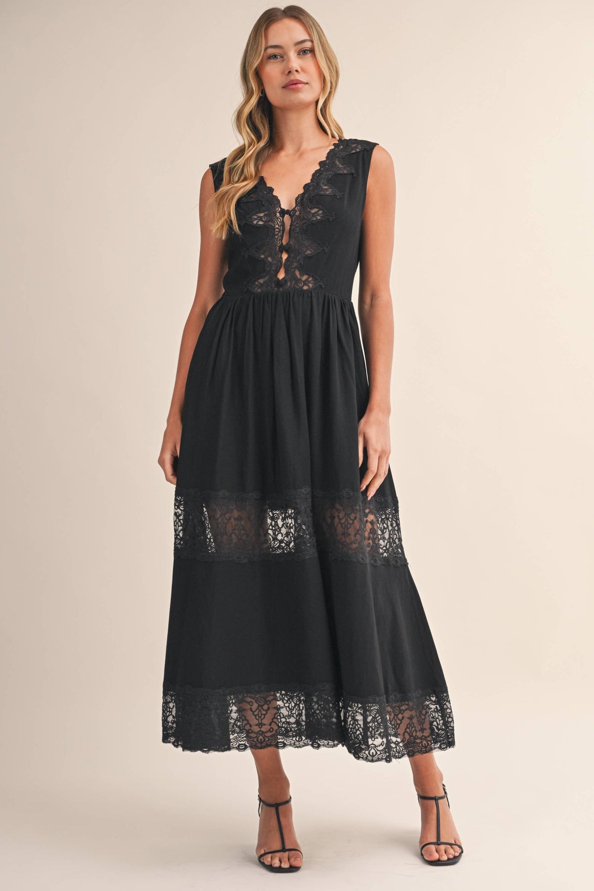 LACE PANEL DETAILED SLEEVELESS V NECK MIDI DRESS