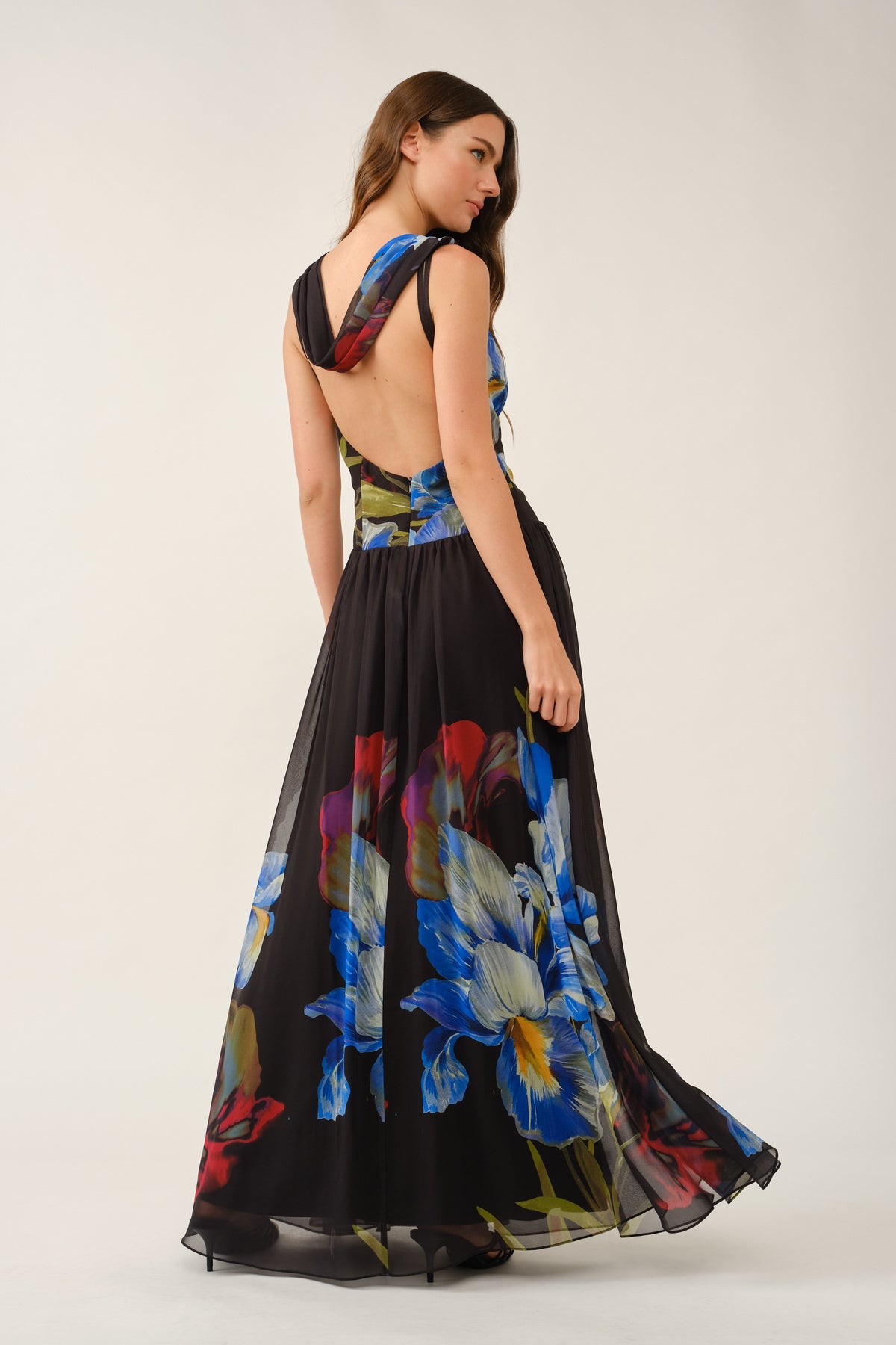 Blue Iris Cowl-back Chiffon Maxi Dress