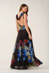 Blue Iris Cowl-back Chiffon Maxi Dress