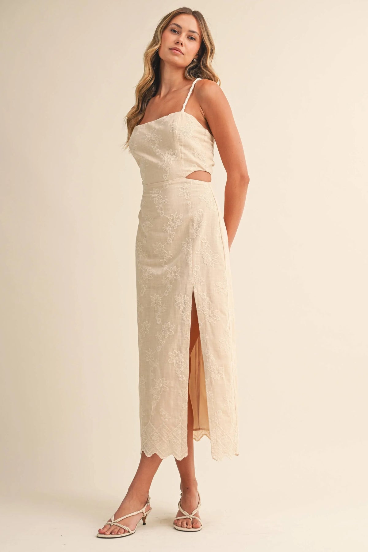 Strap Trim Midi Dress with Cut-Out Waist & Open Back