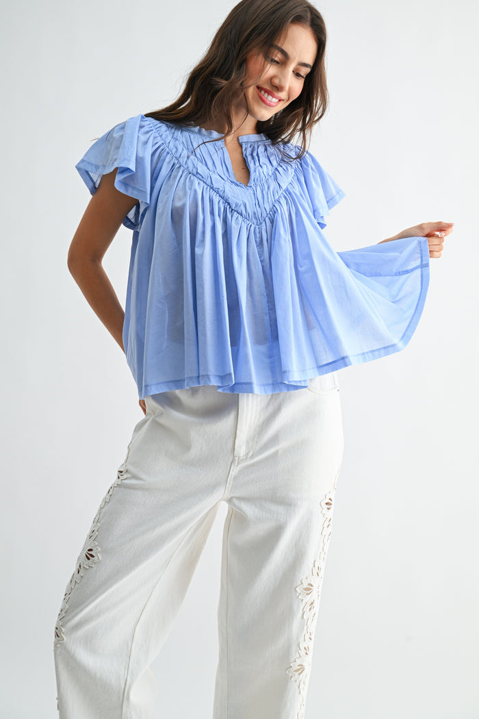 Flutter Sleeve Gathered Neck Detail Blouse