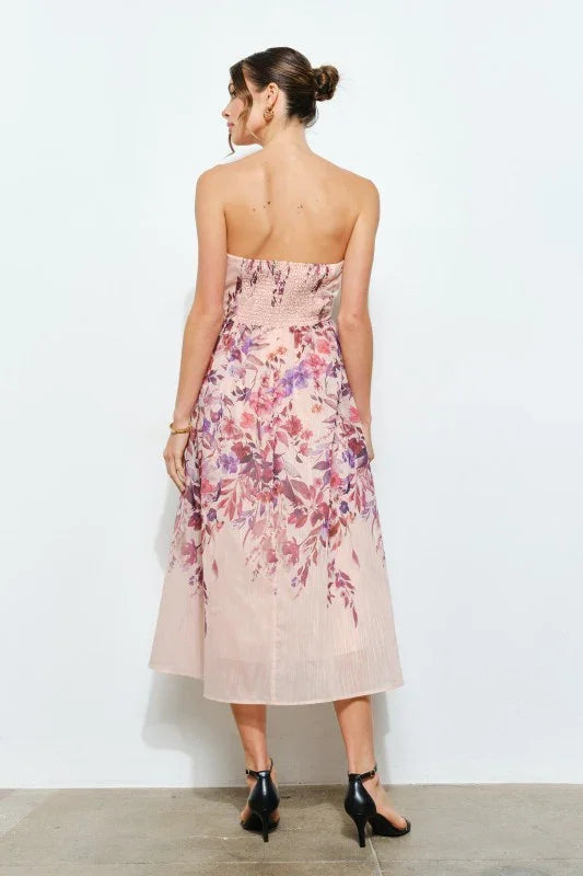 Sweetheart Strapless Floral Midi Dress PRIVILEGE