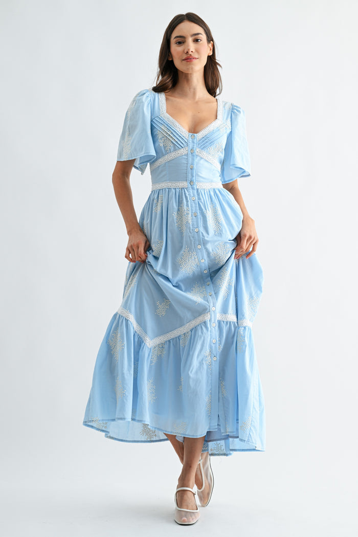 Embroidered Midi Dress With Flutter Sleeves