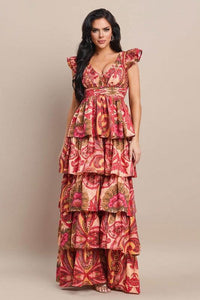 RUFFLE MAXI TIERED DRESS drawstring open back PRIVILEGE