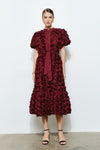 3D Flower Rosette Midi Dress with Bubble Sleeves