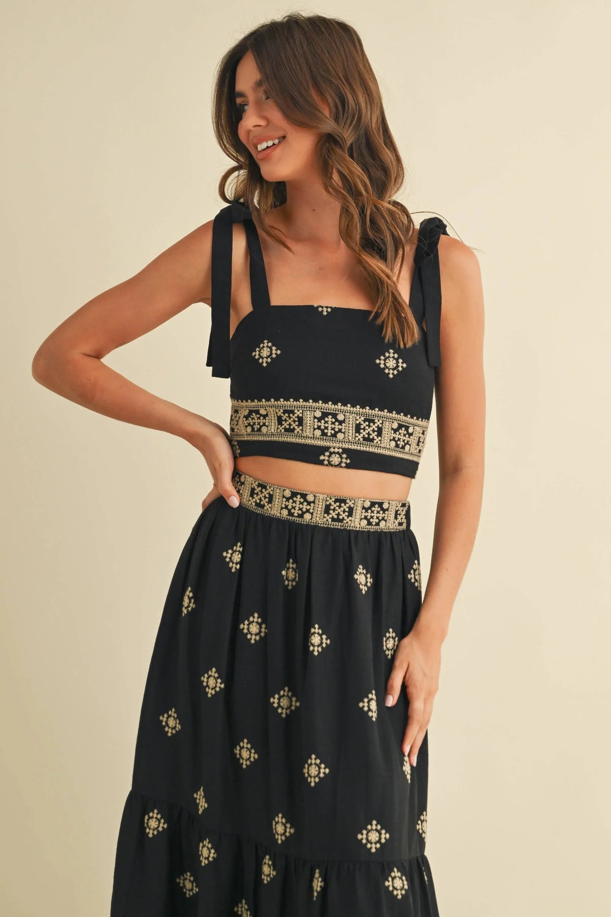 Boho Embroidered Crop Top & Tiered Midi Skirt Set