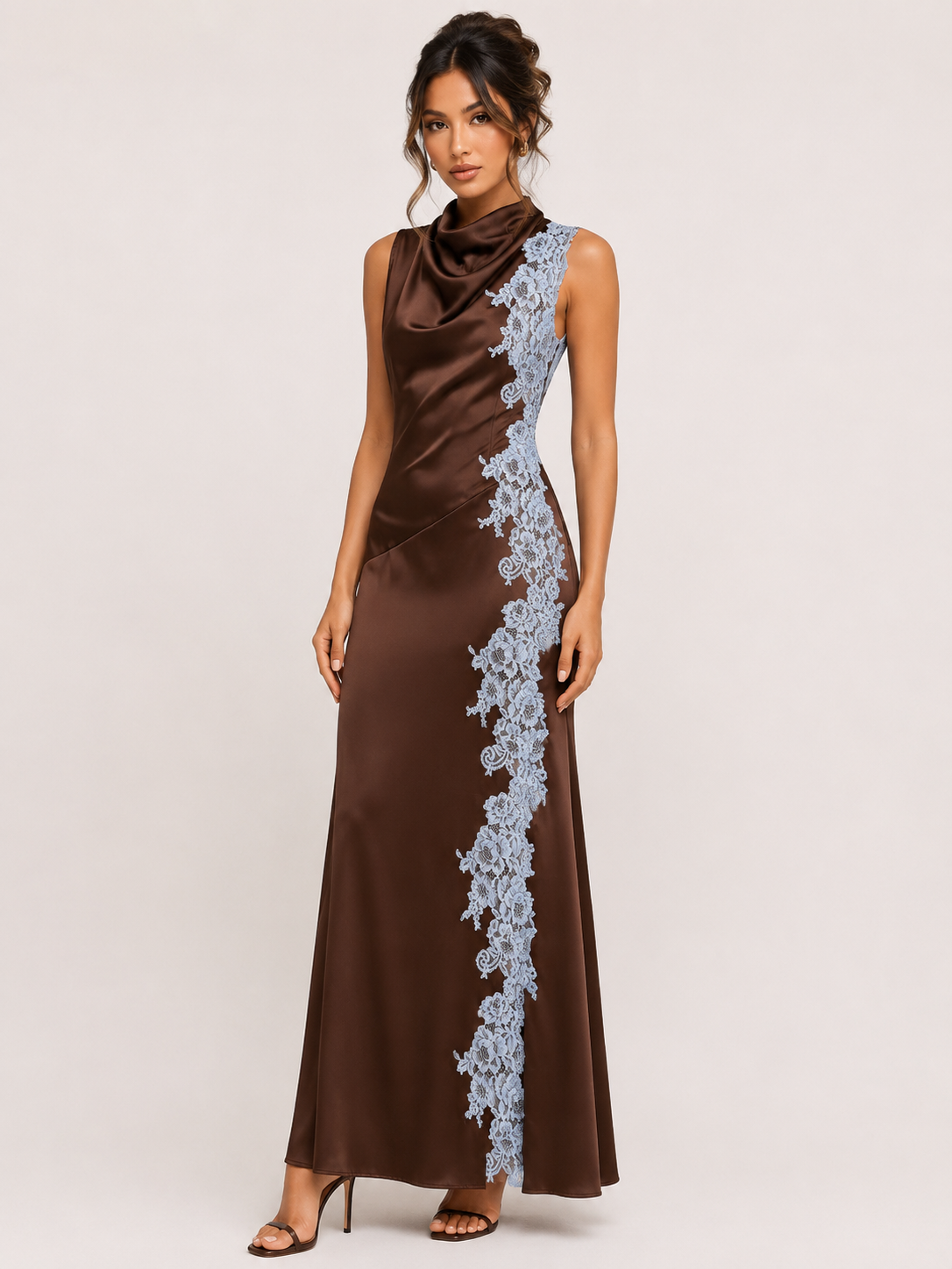 Satin Lace Appliqué Maxi Dress