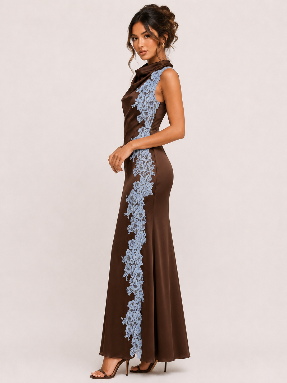 Satin Lace Appliqué Maxi Dress