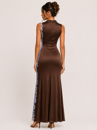 Satin Lace Appliqué Maxi Dress