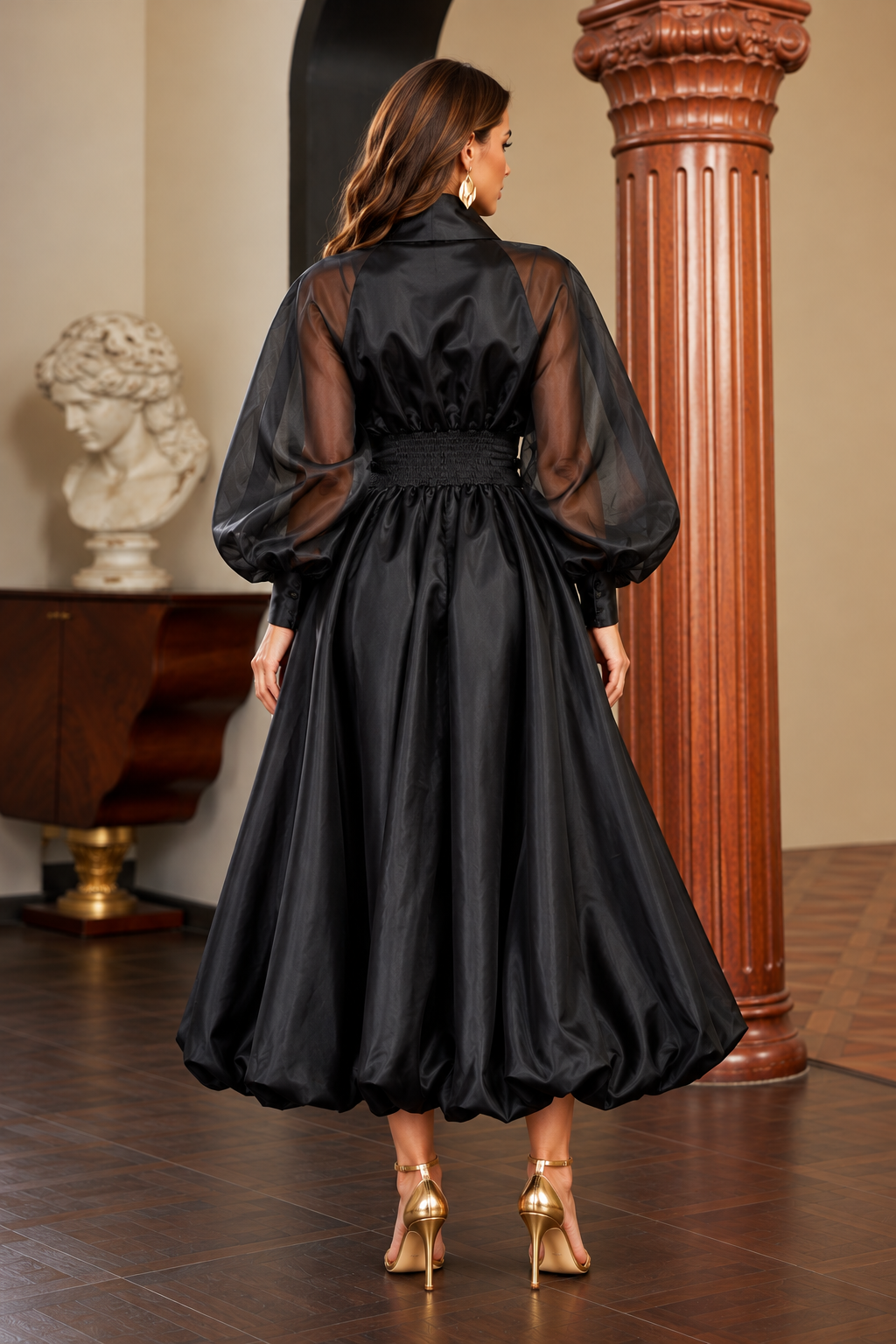 Bellz Sheer Balloon Sleeve Bubble Hem Midi Dress