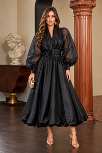 Bellz Sheer Balloon Sleeve Bubble Hem Midi Dress
