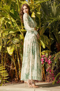 GREEN LEAF PRINT MAXI DRESS - PRIVILEGE 