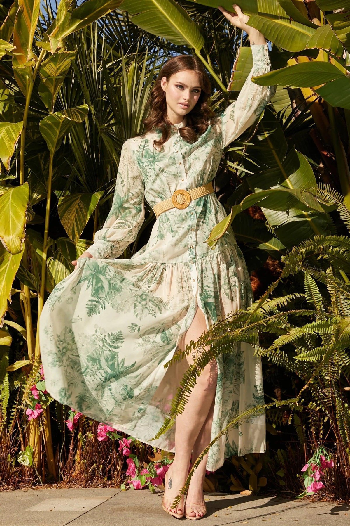 GREEN LEAF PRINT MAXI DRESS - PRIVILEGE 