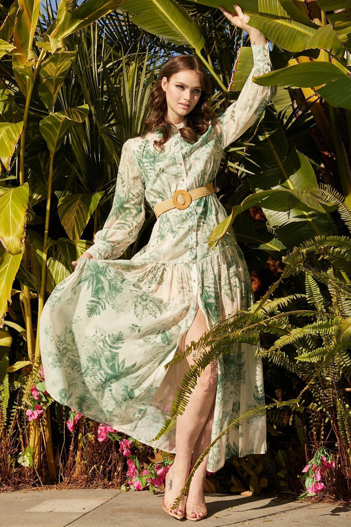 GREEN LEAF PRINT MAXI DRESS - PRIVILEGE 