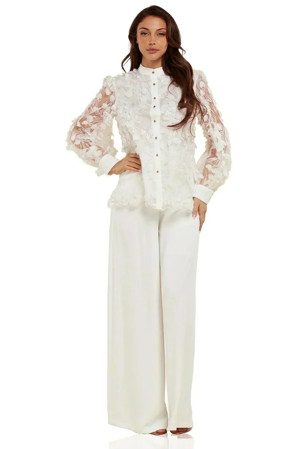 WHITE LACE DETAIL FLOER TOP AND PANT SET - PRIVILEGE 
