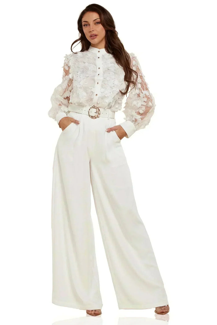 WHITE LACE DETAIL FLOER TOP AND PANT SET - PRIVILEGE 