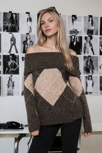 Argyle Wide Fold Over Knit Pullover Sweater