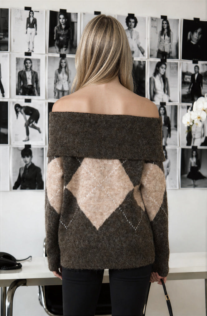 Argyle Wide Fold Over Knit Pullover Sweater