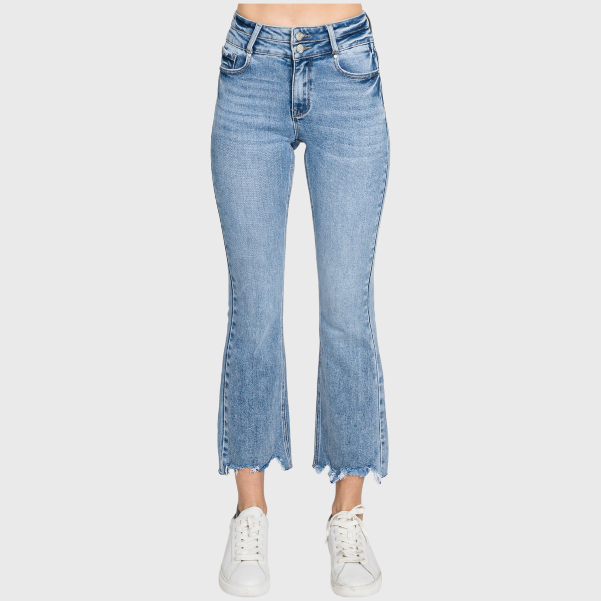 High Rise Crop Bootcut Jeans with Frayed Hem — Light Wash