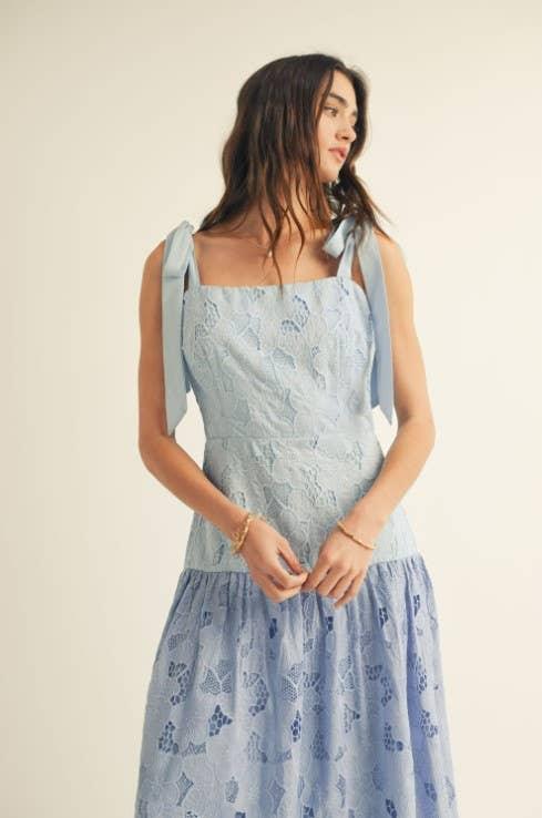 Shoulder Tie Ruffle Bottom Color Block Midi Dress