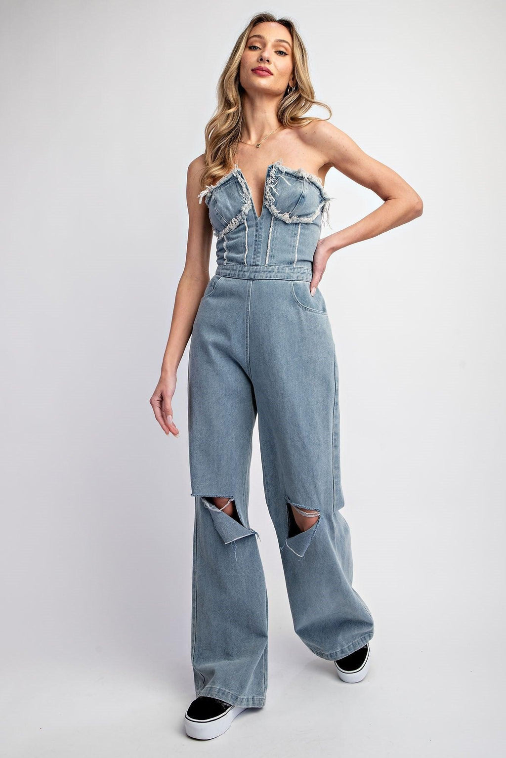 TUBE DISTRESSED DENIM JUMPSUIT - PRIVILEGE 