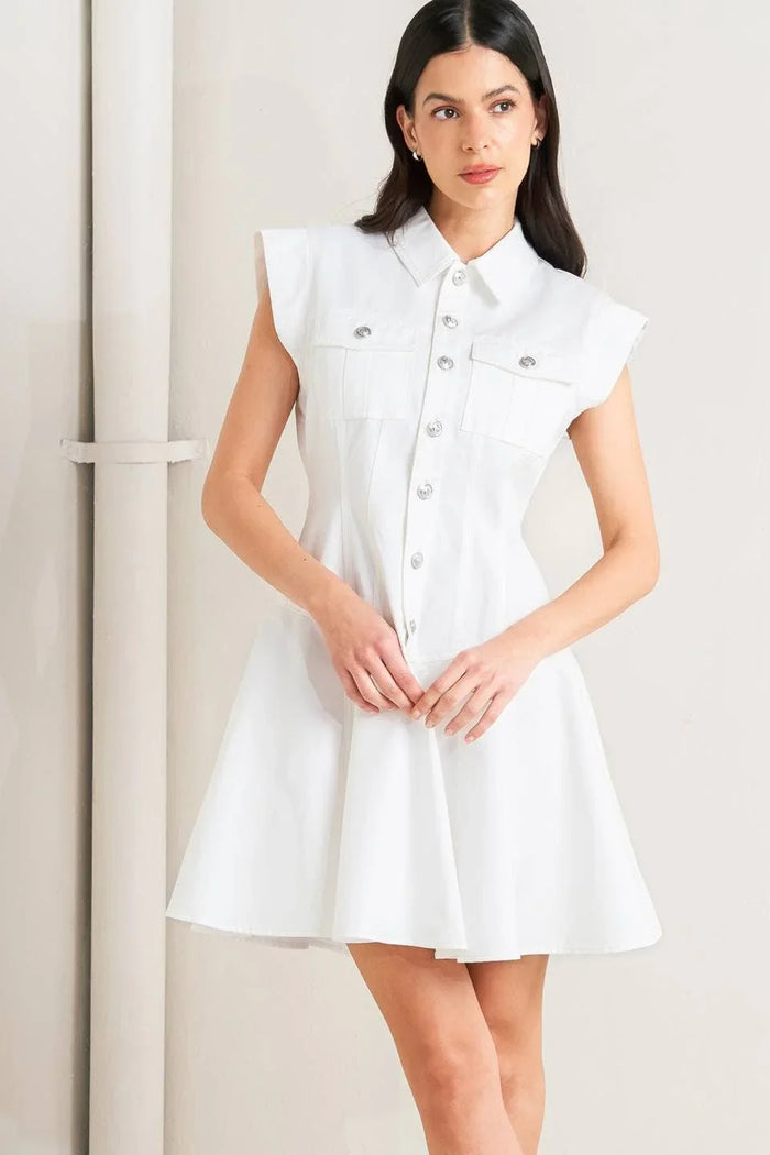 White Cotton Mini Dress – Button-Down Circle Skirt Dress
