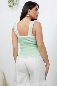 Bimba Ribbed Knit Square Neck Tank Top With Ruffle Straps