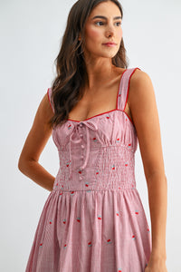 Striped Midi Dress With Flower Embroidered