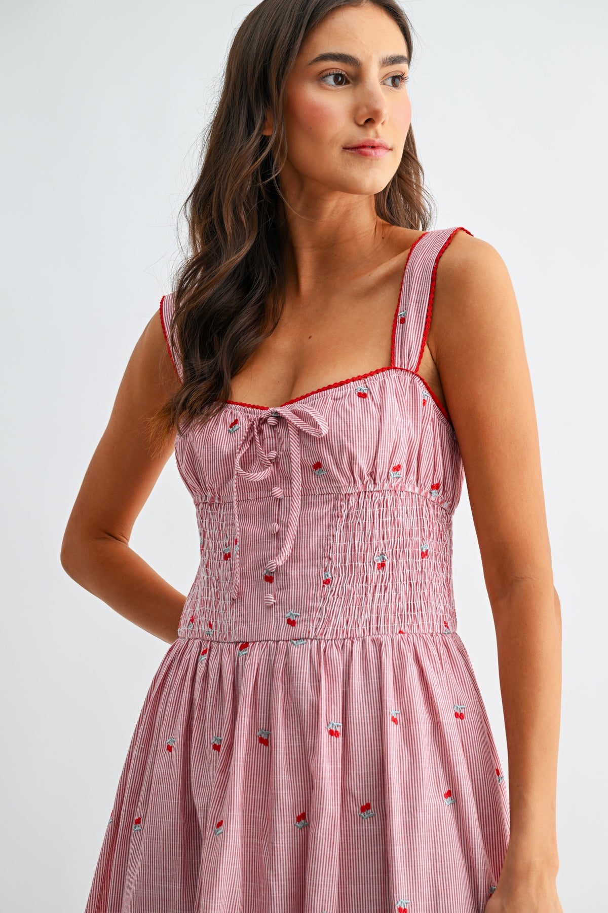Striped Midi Dress With Flower Embroidered