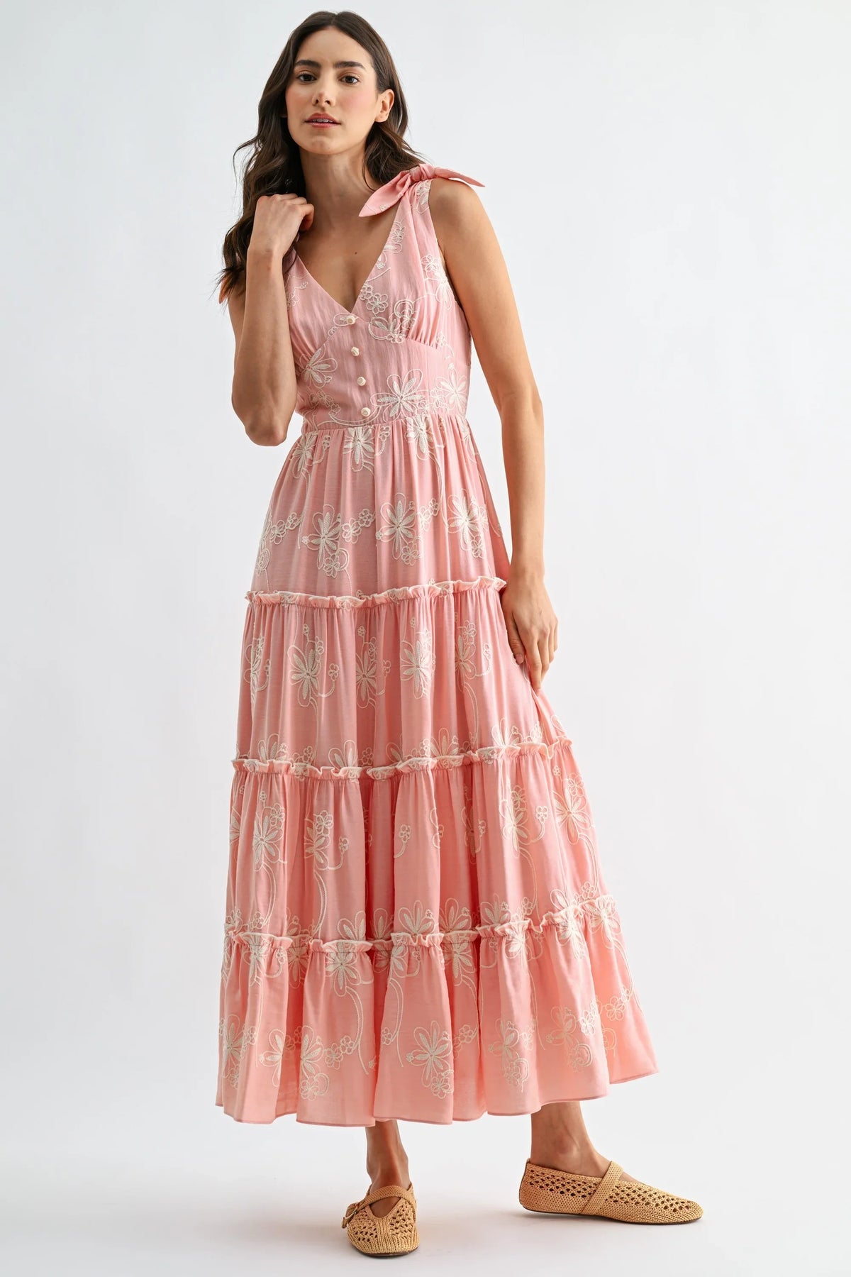 Floral Embroidered Sleeveless Tiered Maxi Dress