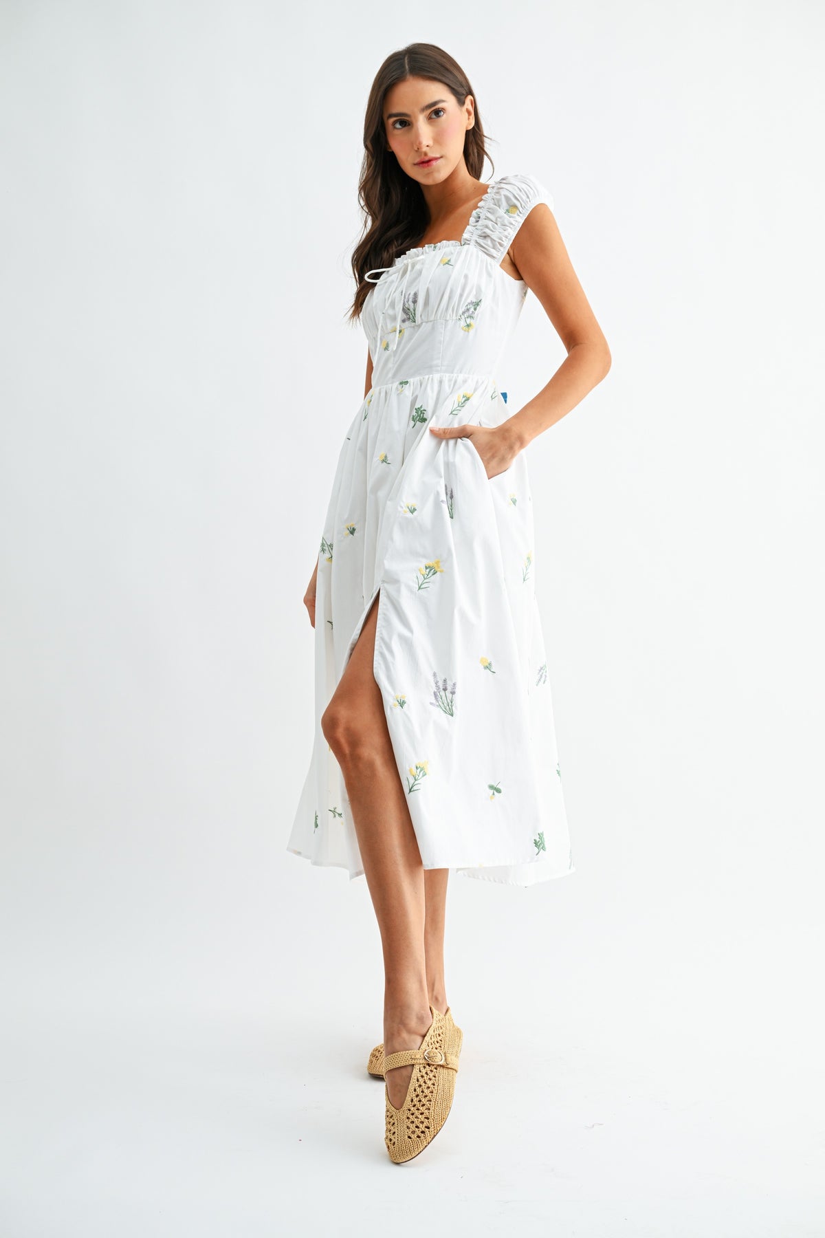 Floral Embroidered Off-Shoulder Midi Dress