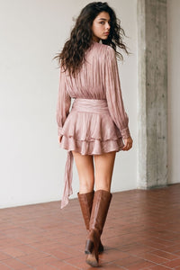 Crinkled Satin Tie-Neck Long-Sleeve Ruffle Mini Dress