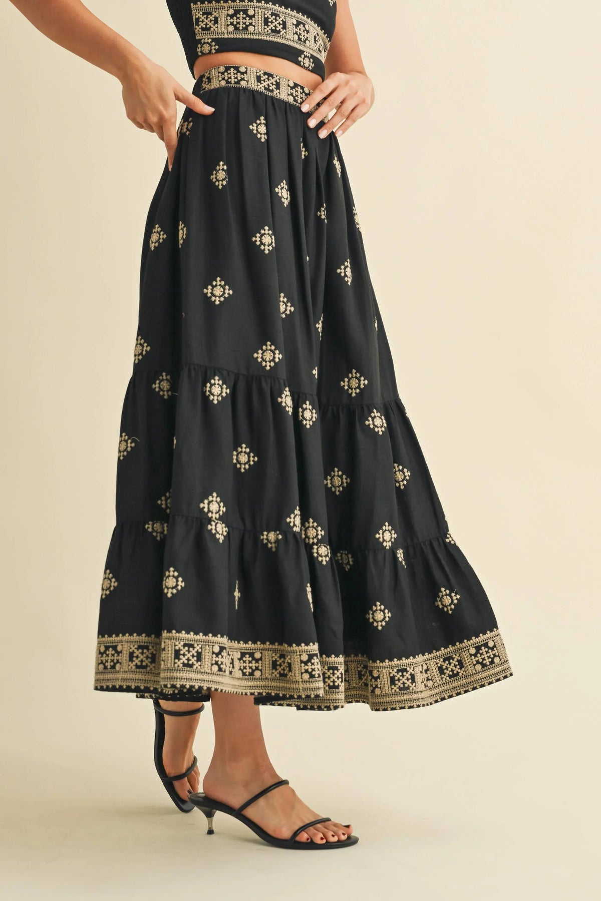Boho Embroidered Crop Top & Tiered Midi Skirt Set