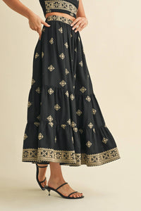 Boho Embroidered Crop Top & Tiered Midi Skirt Set