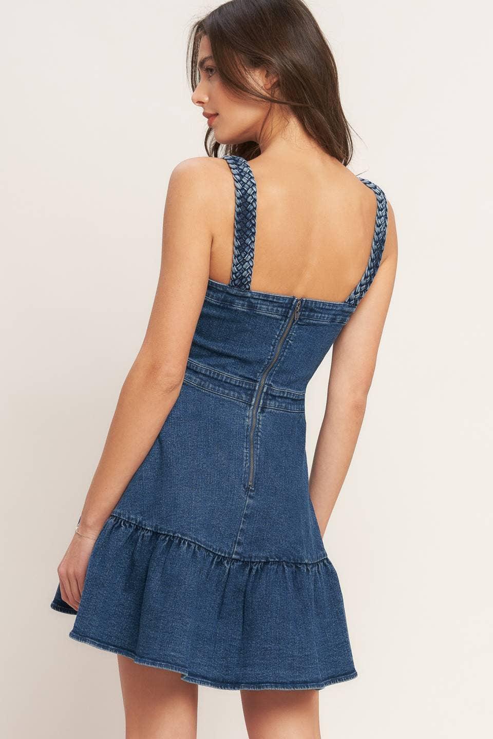 Washed Denim Mini Dress – Braided Straps & Ruffled Hem